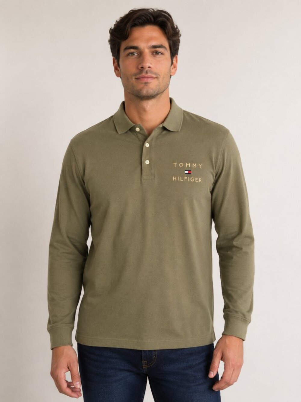 Tommy Hilfiger Olive Green Long Sleeve Polo Shirt Men's Large Embroidered Logo